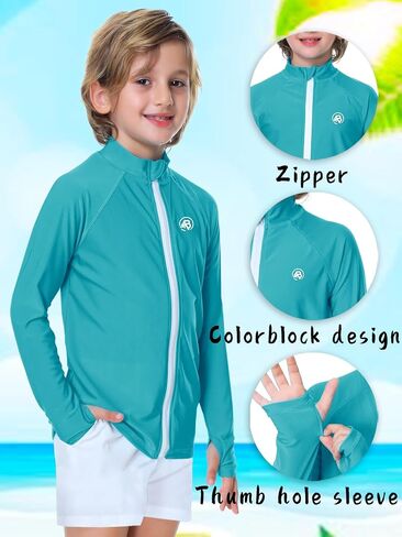 AOBUTE Unisex Kids Zipper Rash Guard Boys UPF 50+ UV Protection Sun Shirt with Thumb Hole 3-12 Years in Kuwait