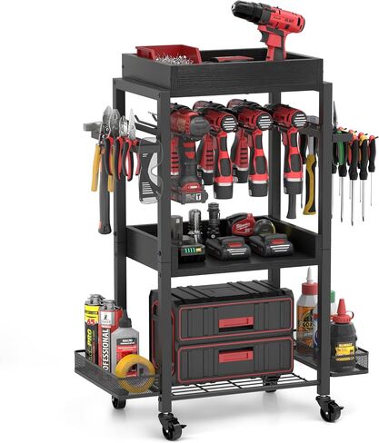 Power Tool Organizer Garage Storage Organization Shelving Tool Holder Drill Rack Shelf Rolling Cart Open Tool Chest Cabinet Box Organizer with Wheels Workshop Garage Gift Ideas for Men Dad in Kuwait