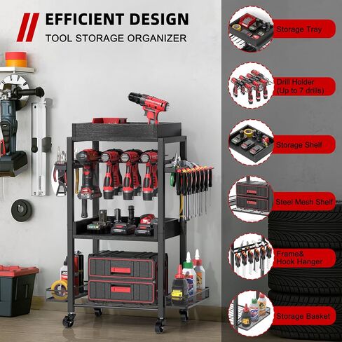 Power Tool Organizer Garage Storage Organization Shelving Tool Holder Drill Rack Shelf Rolling Cart Open Tool Chest Cabinet Box Organizer with Wheels Workshop Garage Gift Ideas for Men Dad in Kuwait