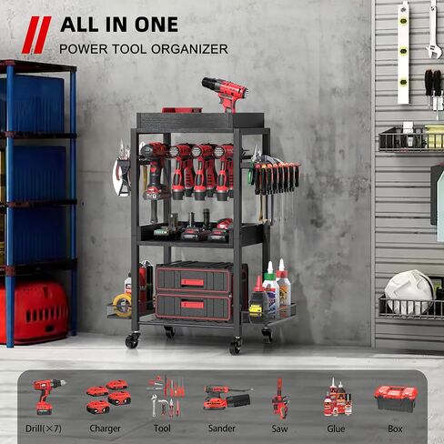 Power Tool Organizer Garage Storage Organization Shelving Tool Holder Drill Rack Shelf Rolling Cart Open Tool Chest Cabinet Box Organizer with Wheels Workshop Garage Gift Ideas for Men Dad in Kuwait