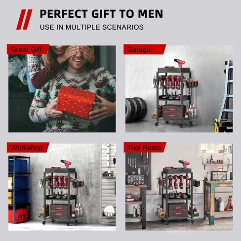 Power Tool Organizer Garage Storage Organization Shelving Tool Holder Drill Rack Shelf Rolling Cart Open Tool Chest Cabinet Box Organizer with Wheels Workshop Garage Gift Ideas for Men Dad in Kuwait