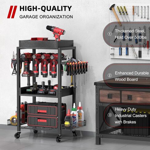 Power Tool Organizer Garage Storage Organization Shelving Tool Holder Drill Rack Shelf Rolling Cart Open Tool Chest Cabinet Box Organizer with Wheels Workshop Garage Gift Ideas for Men Dad in Kuwait