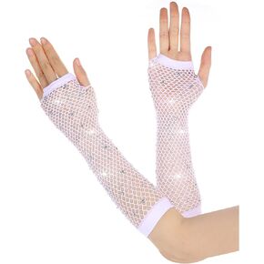 Long Rhinestone Fingerless Fishnet Gloves Steampunk Punk Fish Net Arm Sleeve 80s Costume Halloween for Women Girls