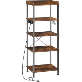 HOOBRO Kitchen Bakers Rack with Power Outlet, 5-Tier Free Standing Kitchen Storage Shelf Rack, Microwave Stand with 4 S-Shaped Hooks, Rustic Brown and Black BF55UHB01