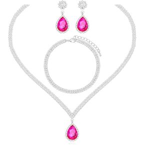 chaoyite Elegant Silver Crystal Wedding Necklace Earrings Bracelet Jewelry Set for Women Brides Bridesmaids Prom Party Costume Accessory Girls Gifts