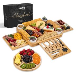 SMIRLY Wood Charcuterie Boards Large - Wine Cheese Platter Set With Charcuterie Accessories, Charcuterie Board Set, Charcuterie Boards Accessories, Bamboo Cheese Board Set, Cheese Tray Board