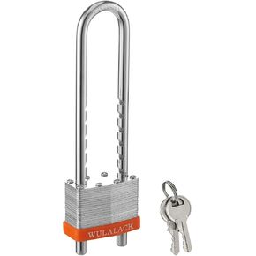 WULALACK 50mm Keyed Alike Laminated Padlock with Long Shackle, Key Lock with Adjustable Shackle,2 Pack