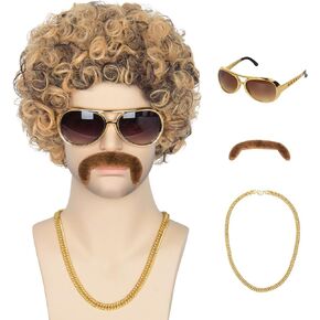 M MISS U HAIR Black Jerry Curl Wig with Mustache and Gold Necklace for Men Women 70s 80s Disco Rock Costume Party Wigs