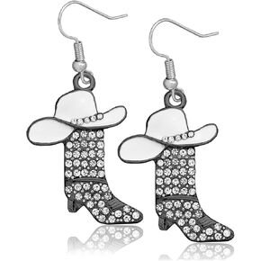 RechicGu Rhinestone Western Boots Earrings Cowgirl Cowboy Enamel Hat Bohemian Rodeo Boot Drop Dangle Earrings for Women Girls