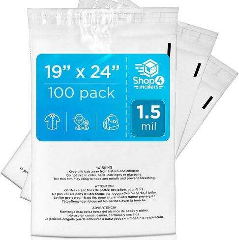 Shop4Mailers 19 × 24 أكياس بولي بلاستيكية مسطحة شفافة مع لاصق ذاتي الغلق تحذيري من الاختناق 1.5 مل لتغليف الأعمال FBA والمجوهرات والملابس والمطبوعات والتخزين - قابلة للإغلاق - (100 عبوة) in Kuwait