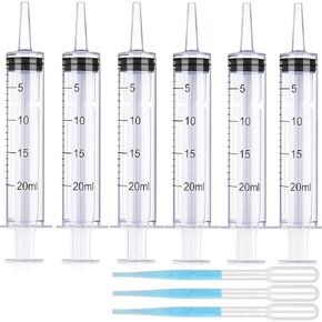 6 Pack 20ml Plastic Syringe with 6 caps, Large syringes without needle for Scientific Labs,pipettes, irrigation,feeding ,food ,jello shot,Multiple Uses Tools