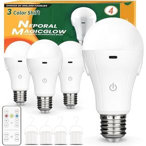 Neporal MagicGlow Rechargeable Light Bulbs with Remote, 3 Hue Shift + Stepless Dimmable Battery Powered Light Bulbs, USB Rechargeable, A19 Standard Size Emergency LED Light Bulbs, 15W, Up to 24 Hours