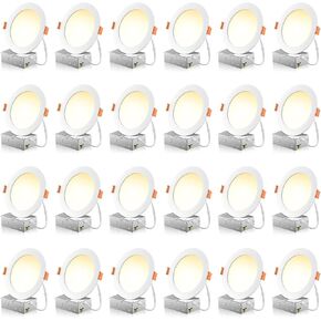 FREELICHT 24 Pack 6 Inch 5CCT Ultra-Thin LED Recessed Ceiling Light with Junction Box, 2700K/3000K/3500K/4000K/5000K Selectable, 1050LM Brightness, Dimmable Canless Wafer Downlight, 12WEqv110W-ETL&FCC
