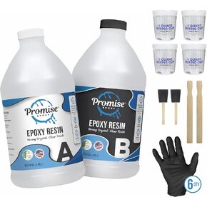 Promise Epoxy- Clear Coat Table Top Epoxy Resin | 2-Part 1 Gal (0.5 Gal Epoxy Resin & 0.5 Gal Hardener Set)| Resin Epoxy Kit with Mixing Cups, Stir Sticks, Brushes, & Gloves | DIY Craft Supplies