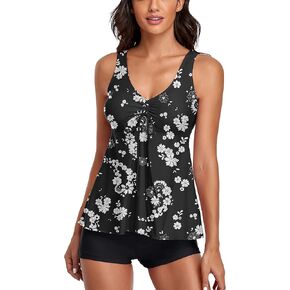 Omichic Modest Tankini Swimsuits for Women's Two Piece Push Up Tankinis Bathing Suits Black Medium