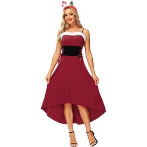 Christmas Women Santa Claus Costume Flowy Elf Midi Dress Spaghetti Strap Holiday Dresses Red XL