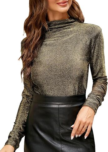 LONGBIDA Women's Slim fit Long Sleeve Turtleneck Glitter Tee Blouse Tops in Saudi Arabia
