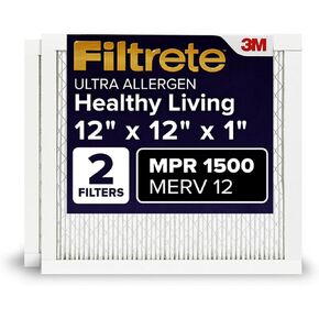 Filtrete 12x12x1 Air Filter, MPR 1500, MERV 12, Healthy Living Ultra-Allergen 3-Month Pleated 1-Inch Air Filters, 2 Filters