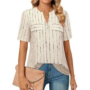 Bulotus Women's Zip Front V-Neck Short Sleeve Work Casual Top Blouse Shirt (Solid and Plaid)