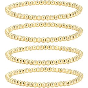 FUNOJOY Gold Plated Beaded Bracelets for Women Fashion Beads Ball Elastic Bracelets Gold Stackable Bracelets Pack, Birthday, Mother's Day, Christmas Gift for Women Teen Girls