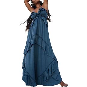 FEORJGP Womens Summer Spaghetti Strap Long Dress Boho Low Cut Dress Backless Bodycon Midi Dress Bohemian Maxi Dress Beachwear
