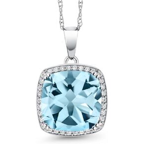 Gem Stone King 10K White Gold London Blue Topaz and White Created Sapphire Pendant Necklace For Women (8.54 Cttw, Cushion Cut 12MM, with 18 Inch Chain)