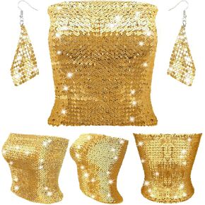 Women's Sparkly Sequin Crop Tops Strapless Metallic Tube Tops with Metal Mesh Drop Dangle Earrings for Party Clubwear