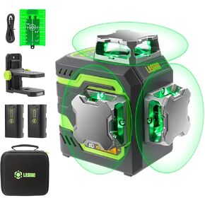 LasGoo Laser Level Self Leveling 360°x3 Green Cross Line Laser Tool for Construction and Picture Hanging, Remote Controller, Professional Magnetic Rotating Stand, Reachargable Battery Included