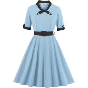 Women Short Sleeve Tie Neck Vintage Cocktail Party Dress Buttons Down 50s Flared A-Line Casual Office Work Prom Swing Dress