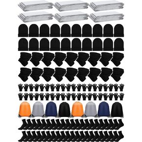 Suhine 120 Pcs Homeless Care Package Supplies Bulk, Include Emergency Blankets, Winter Gloves, Beanies, Neck Warmers, Unisex Socks Bulk and Drawstring Bags for Winter Homeless Donation Charity Care