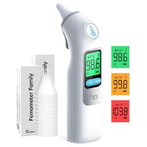 Femometer Family Ear Thermometer, Highly Accurate Ear Thermometer for Kids, Adults and Babies, 30 Memory Recall, 1s Result and 3-Color Fever Alert, with Disposable Probe Covers, Home & Office Use