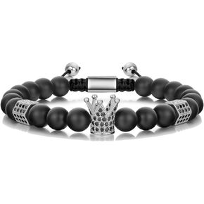 SEVENSTONE 8mm Crown King Charm Bracelet for Men Women Black Matte Onyx Stone Beads, 7.5"