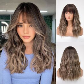 شعر مستعار بني طبيعي من HAIRCUBE، شعر مستعار قصير مموج بني بلون الشوكولاتة مع غرة للنساء، طول كتف صناعي للحفلات والاستخدام اليومي in Kuwait