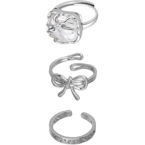Kasmena 3Pcs Silver Pearl Rings for Women,Stackable Rings Silver Heart Butterfly Ring Set Adjustable Silver Rings Personality Ring Fine Jewelry for Women Accessories Gift