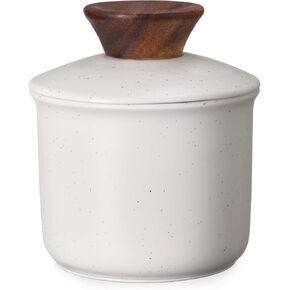 DOWAN Butter Crock for Counter, French Butter Keeper Crock with Water, Ceramic Airtight Butter Dish with Wood Knob Lid for Soft Butter, White