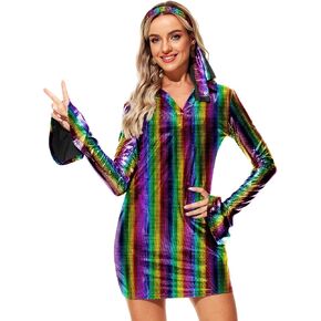 AOBUTE Womens Halloween 70s Hippie Costume Disco Metallic Dresses Sexy Bell Sleeve Tshirt Dress With Headband Silver Black L