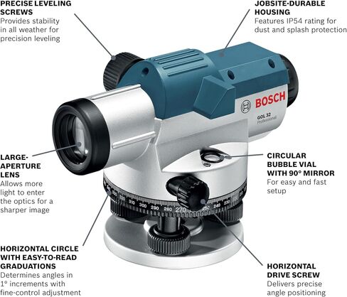 BOSCH Optical Level Kit with 32x Magnification Power Lens, Tripod and Rod GOL 32CK, Grey in Saudi Arabia