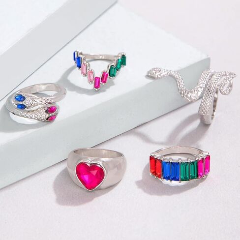Pingyongchang Snake Rings for Women Girls Gold Snake Knuckle Adjustable Rings Boho Crystal Heart Stacking Finger Rings Set Vintage Goth Serpentine Heart Ring Jewelr in Kuwait