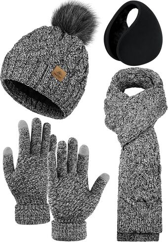 URATOT 4 Packs Winter Warm Set Knitted Pompom Hat Scarf Touch Screen Gloves Ear Warmer 4 In 1 Set for Men or Women in Saudi Arabia