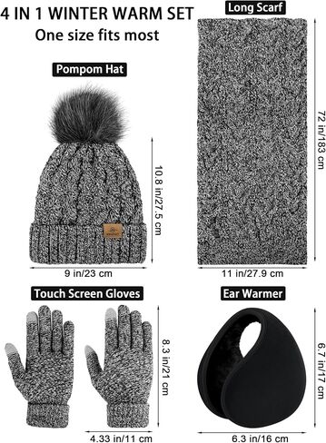 URATOT 4 Packs Winter Warm Set Knitted Pompom Hat Scarf Touch Screen Gloves Ear Warmer 4 In 1 Set for Men or Women in Saudi Arabia