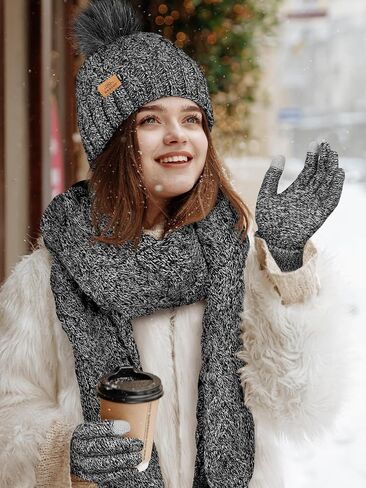 URATOT 4 Packs Winter Warm Set Knitted Pompom Hat Scarf Touch Screen Gloves Ear Warmer 4 In 1 Set for Men or Women in Saudi Arabia
