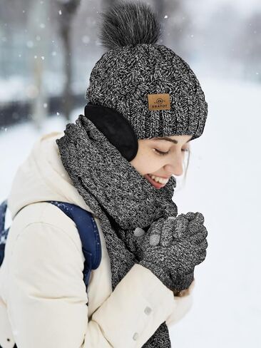 URATOT 4 Packs Winter Warm Set Knitted Pompom Hat Scarf Touch Screen Gloves Ear Warmer 4 In 1 Set for Men or Women in Saudi Arabia