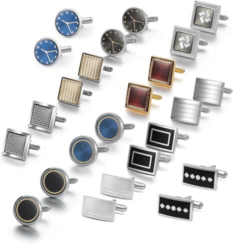 Wynameleri Cufflink 12 Pairs, Classic Fashion Men's Cuff Links Silver-tone Gold-tone Black for Business Wedding Party Gift Box in Saudi Arabia