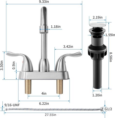FROPO 2 مقبض صنبور حوض الحمام الأسود - 4 بوصة صنبور مركزي للحمام 2 أو 3 فتحات صنبور مرحاض الحمام صنابير حوض الغرور مع استنزاف منبثق وخطوط إمداد باللون الأسود غير اللامع in Kuwait