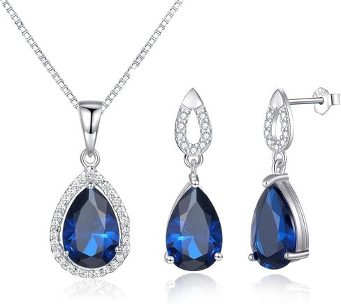 JIANGXIN Teardrop Birthstone 925 Sterling Silver Rhodium Plated Gemstone Jewelry Set for Women Stud Earring Pendant Necklace 16~18inch Italian Box chain in Kuwait