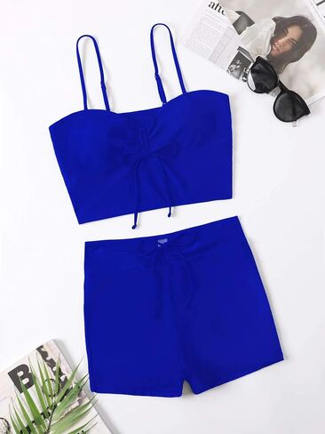 Lilosy Drawstring High Waisted Bikini Set Srting Swimsuit Spaghetti Strap Cami Top and Tie Side Shorts 2 Piece in Kuwait