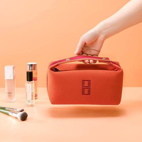 Sluxa Fashion Makeup Bag for Women, Orange Red Canvas Make up Travel Bag, Hanging Cosmetic Bag Organizer for Women in Kuwait