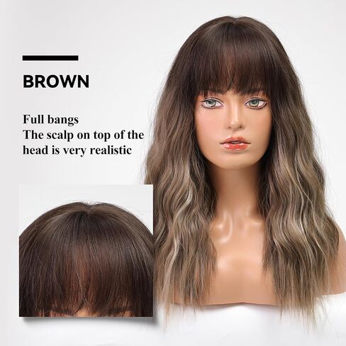 HAIRCUBE Natural Brown Bob Wigs,Chocolate Brown Short Wavy Wig With Bangs for Women,Synthetic Shoulder Length for Party and Dailty Use in Kuwait