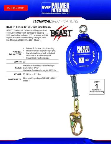 SRD 30 FT. Self Retracting Lifeline I ANSI Z359.14-2021 Class 1 I SRL Device Swivel Top Galvanized Cable w/Small Steel Snap Hook I Fall Arrest Safety Yoyo | SRL Device, Swivel Top Galvanized Steel Wire Rope & Steel Snap Hook, Fall Arrest Safety Yoyo, Fall in Kuwait