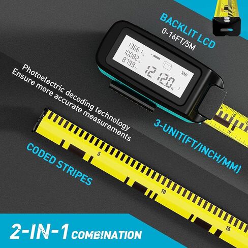 شريط قياس رقمي 2 في 1 من ACPOTEL - قياس شريط قياس 16 قدم، قابل لإعادة الشحن عبر USB شريط قياس فوري لعرض البيانات، 20 مجموعة ذاكرة تاريخية لقياس دقيق in Kuwait